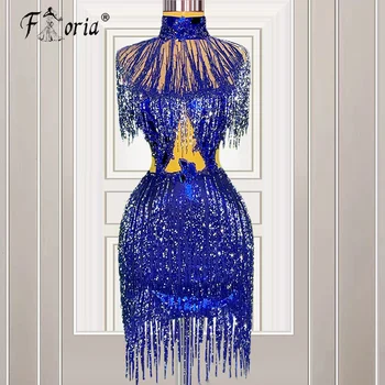 Короткое платье королевского синего цвета, коктейльная шапочка, рукава с кисточками, пайетки, платья для выпускного вечера, праздничные платья для особых случаев