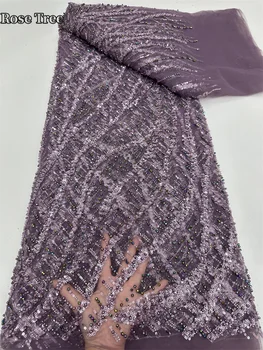 Роскошная кружевная ткань Sequence с африканскими бусинами 2024 года, новейшее высококачественное Французское тяжелое кружево, вышивка пайетками для вечернего платья