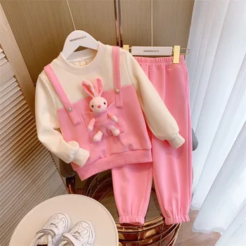 Осенние розовые детские костюмы Для мальчиков и девочек, утолщенные пуловеры с капюшоном, топы, брюки, спортивные костюмы, свитера, костюмы с кукольным кроликом
