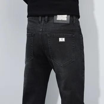 Весна и осень 2024, Классические мужские однотонные черные брюки в стиле ретро, Повседневные мужские Удобные Джинсы-стрейч высокого качества, большие размеры