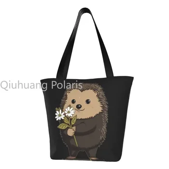 Ежик с цветами в руках, сумка для покупок, милые сумки для домашних животных Kawaii, женская рабочая сумка из полиэстера, крутые дизайнерские сумки
