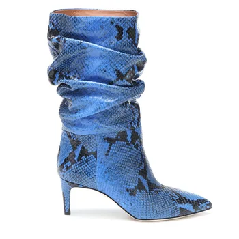 Женская обувь из лакированной кожи, Сапоги до середины икры из искусственной замши со змеиным узором, Слипоны на шпильке, Botas Mujer, Sapatos Feminino