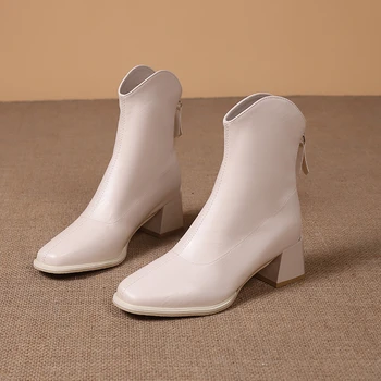 Весна и осень 2023, новые женские однотонные ботинки на квадратном каблуке с застежкой-молнией сзади и круглым носком, удобные женские ботинки