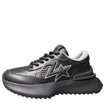 Кроссовки из натуральной кожи на толстой подошве, обувь на платформе для мужчин, Модная спортивная повседневная обувь, легкие черные папины туфли на высоком каблуке