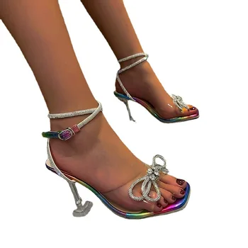 Женские босоножки на высоком тонком каблуке, лето 2023, модные сексуальные босоножки со стразами, женская обувь в ассортименте