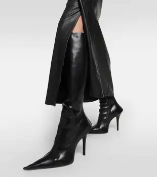 Застежка-молния сбоку, женские черные кожаные сапоги на каблуке 110 мм с острым носком, женские ботинки на высоком тонком каблуке длиной до колен с острым носком