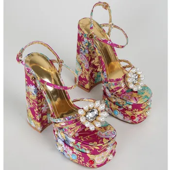 Новые женские летние босоножки на платформе с кристаллами из шелка, с открытым носком, с квадратным носком, на грубом каблуке, туфли на высоком каблуке, пикантные женские вечерние туфли-лодочки