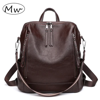 Женский кожаный рюкзак Большой емкости, дорожная сумка, ретро кофейно-черный рюкзак, женские повседневные школьные сумки через плечо MD0274