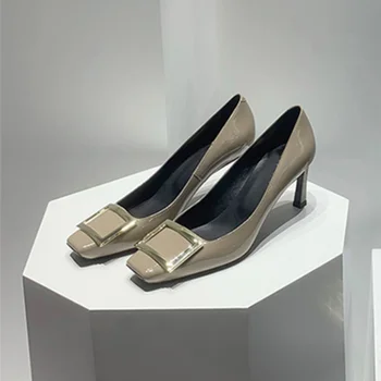 Женские тонкие туфли Весна и осень 2024, новые модные туфли на высоком каблуке с металлической квадратной пряжкой, туфли на среднем каблуке с квадратным носком и мелким носком