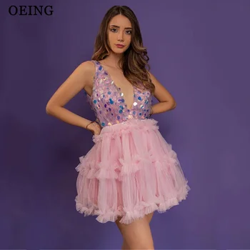 OEING Блестящие розовые короткие платья для выпускного вечера 2024 Princess Sweet Girls Homecoming Dress, вечерние платья с мини-V-образным вырезом для вечерних мероприятий