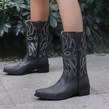 Черные осенне-зимние женские ботинки с цветной вышивкой на низком каблуке и рукавами в стиле Вестерн Для девочек 43 размера, ковбойские сапоги в стиле Кантри