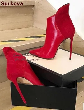 Красные замшевые ботильоны Surkova из матовой кожи в стиле пэчворк, туфли-лодочки на шпильке с острым носком, элегантные банкетные туфли на высоком каблуке