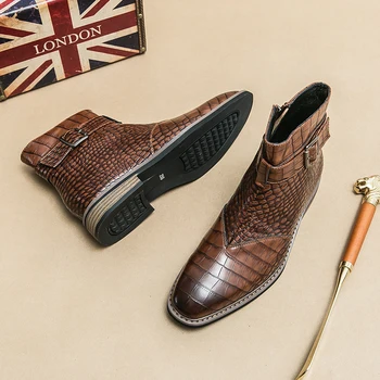 Высококачественные официальные ботинки для банкета, зимние ботильоны, мужская деловая обувь, мужская обувь из натуральной кожи с острым носком, ретро-коричневый цвет