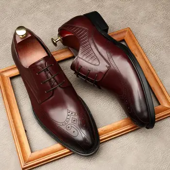 Роскошные мужские туфли-дерби из натуральной кожи в деловом стиле в классическом стиле, черные, винно-красные, с острым носком, на шнуровке, мужские оксфорды