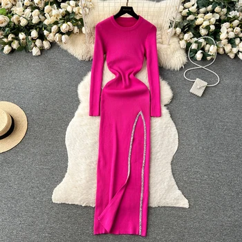 Женское осенне-зимнее облегающее платье 2023 Новое сексуальное платье с высоким разрезом и длинным рукавом длиной Макси для вечеринки и клуба