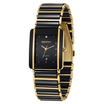 Керамические кварцевые мужские часы BERNY, модные роскошные прямоугольные наручные часы BERNY XV12, водонепроницаемые часы с календарем, черные Золотые часы для пары