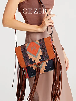 Женские винтажные сумки через плечо в стиле CEZIRA Boho с кисточками, красочные холщовые сумки через плечо из искусственной кожи в стиле пэчворк, повседневные сумки через плечо с клапаном, хиппи