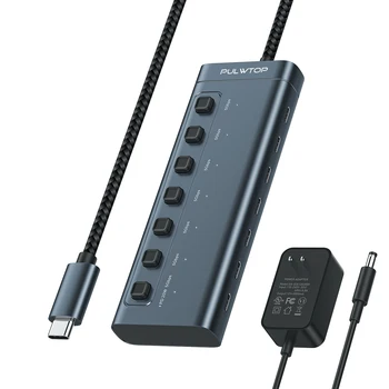 USB C-Концентратор PULWTOP 5 Гбит/с с Независимым Переключателем, 7-Портовая Зарядка 20 Вт PD для Аксессуаров для Ноутбуков