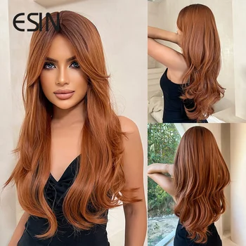 ESIN Натуральный Элегантный синтетический парик, Длинное Омбре, красно-коричневые парики для женщин, Многослойные волосы с темными корнями, Омбре для ежедневных вечеринок, косплей
