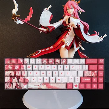 Колпачок для клавиатуры Genshin Impact Yae Miko PBT 132шт с вишневым профилем, розово-белые колпачки для клавиш, индивидуальная механическая клавиатура Dye Sub