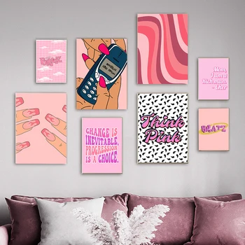 Плакаты и принты для телефонов с розовыми ногтями, девчачий домашний декор, цитата 90-х, картина на холсте в горошек, эстетическая мода, фотографии декора комнаты.