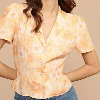 Женская однобортная рубашка с лацканами в стиле ретро с цветочным рисунком и короткими рукавами, весенне-летнее специальное предложение 2023 года
