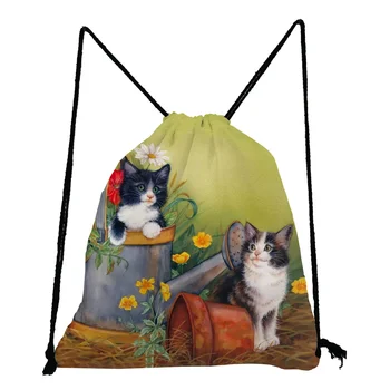 Изготовленный на заказ женский рюкзак с милым цветочным рисунком кота, карман на шнурке, сумка для спортивной обуви, повседневные портативные сумки Softback для хранения