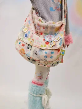 Японские сумки через плечо из овечьего флиса Harajuku с мультяшным принтом, зимние повседневные сумки через плечо для девочек большой емкости Ins