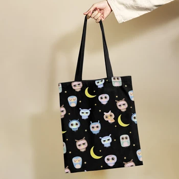Сумка Yikeluo с мультяшной совой, экологичная сумка для покупок для женщин, черная холщовая сумка для продуктов большой емкости, дизайнерская сумка-тоут 