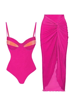 Сексуальный однотонный цельный женский купальник на бретелях 2023, розовые тонкие женственные бикини с высокой талией, юбка-прикрытие для пляжного отдыха