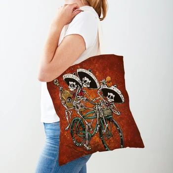Мексиканский день мертвых, холщовые женские сумки для покупок с двойным принтом, многоразовая Эко-сумка для покупок с черепом из милого мультфильма, женские сумки-тоут
