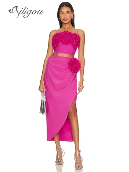 Ailigou 2023 Новый Летний Женский Высококачественный Розово-Красный Короткий Топ с Крупным 3D Цветком + Плиссированная юбка С запахом, 2 комплекта, Элегантный Праздничный Комплект