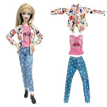 NK 1 комплект, модное платье принцессы 30 см, пальто с цветочным рисунком, Розовый жилет, повседневные синие брюки, костюм для куклы Барби, аксессуары, подарок для девочки, игрушка