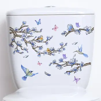 Съемная наклейка на туалет Водонепроницаемые наклейки на стену с цветами, бабочками и птицами из ПВХ, виниловые художественные наклейки для ванной комнаты, керамическая плитка, туалет