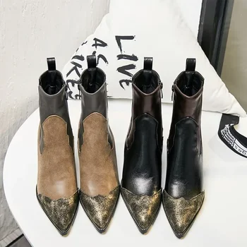 Ботинки в стиле панк с острым носком в британском стиле, женские осенние ботильоны на молнии сбоку из искусственной кожи, ботильоны на высоком каблуке, большие размеры 46 47
