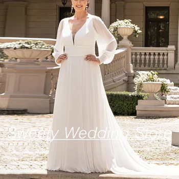 Женское свадебное платье большого размера, свадебное платье 2024 С пышными рукавами и V-образным вырезом, Простое шифоновое платье для невесты трапециевидной формы Robe De Mariee