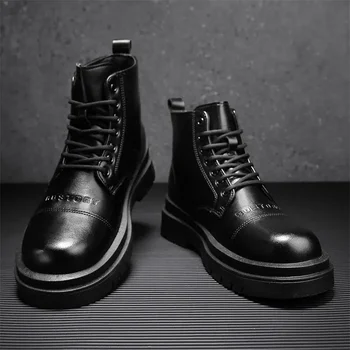 Мужские осенние мотоциклетные кожаные ботинки с высоким берцем в британском стиле, с боковой молнией, Черные ботинки для спецодежды в стиле ретро, уличные B